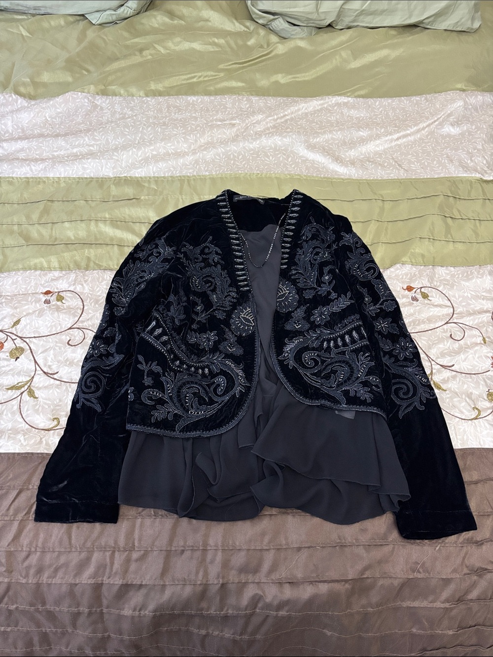 Zara Black Velvet Embroidered Open-Front Blazer